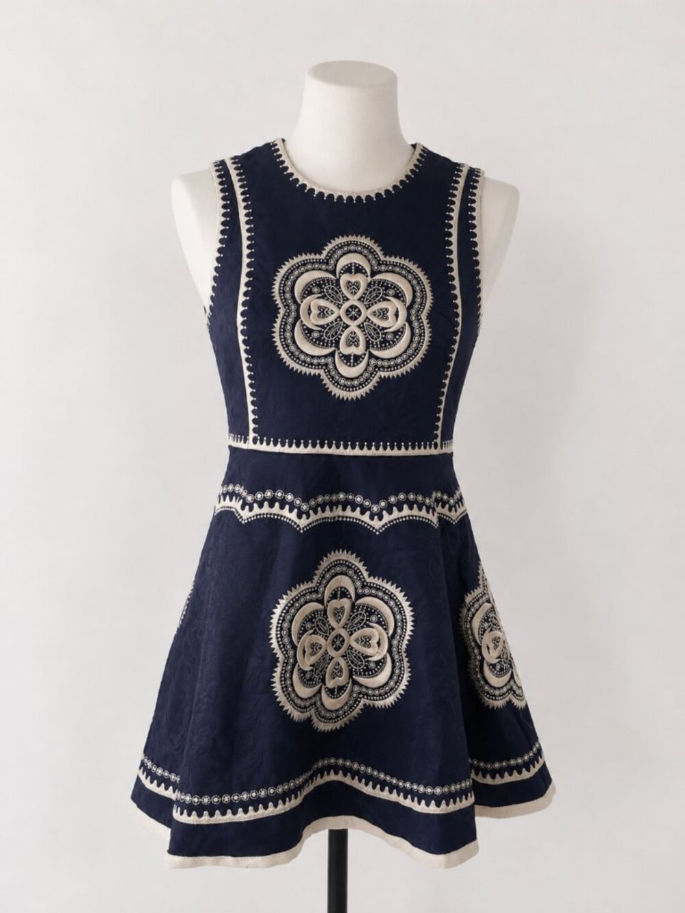 Navy & Cream Embroidered Deco Style Dress - Size Medium
